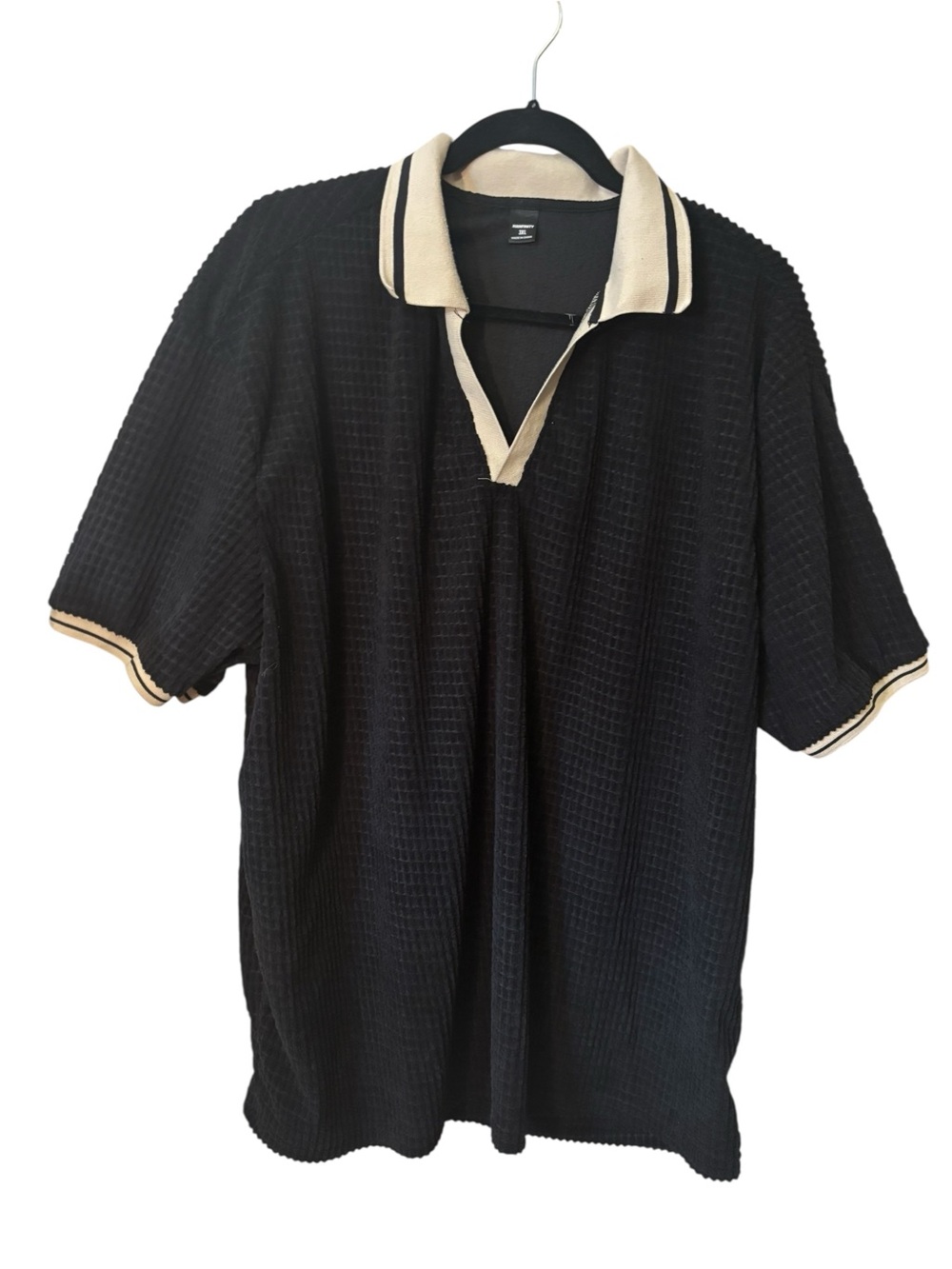 Manfinity Polo Men's 3XL Black Waffle Weave Cream Contrast Collar & Cuffs